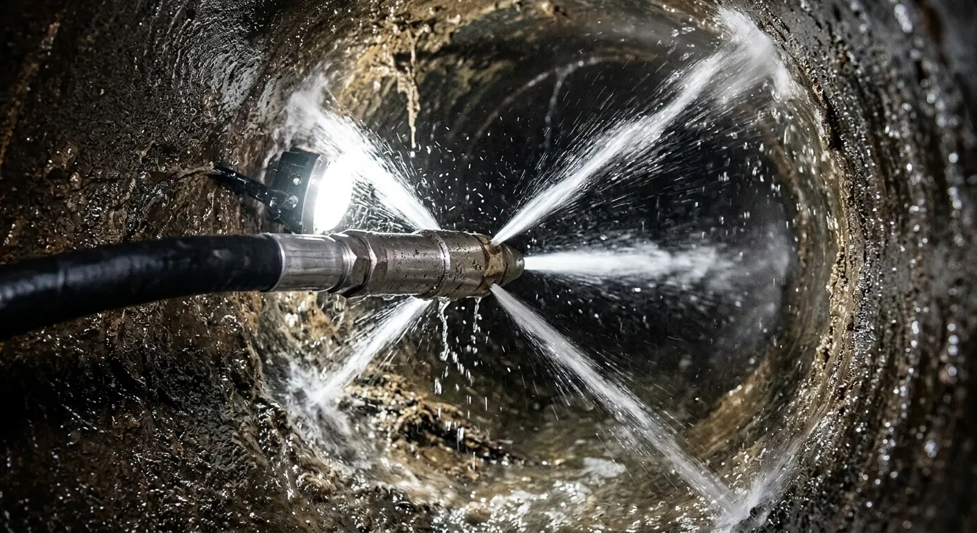 High-pressure hydro jetting nozzle cleaning sewer pipe for Sewer Cleanout in Smithfield